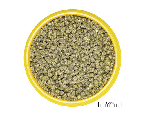 Fischfutter Granulat in gelbem Behälter