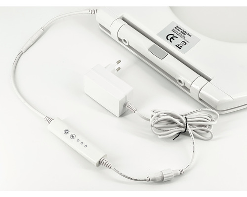 Weißer Toilettensitz mit Heizfunktion, Netzteil und Bedienelement