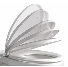 Toilettensitz mit Absenkautomatik in verschiedenen Öffnungspositionen