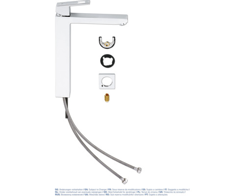 Waschtischarmatur in Aufsicht mit Montagezubehör und flexiblen Anschlussschläuchen.