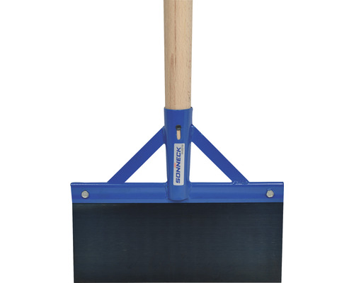 Farbschaber mit Holzgriff und blauem Metallrahmen