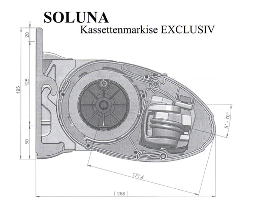 Technische Zeichnung einer Soluna Kassettenmarkise Exclusiv mit Maßangaben