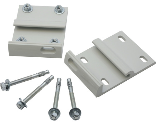 Zwei graue Montagehalterungen und vier Befestigungsschrauben