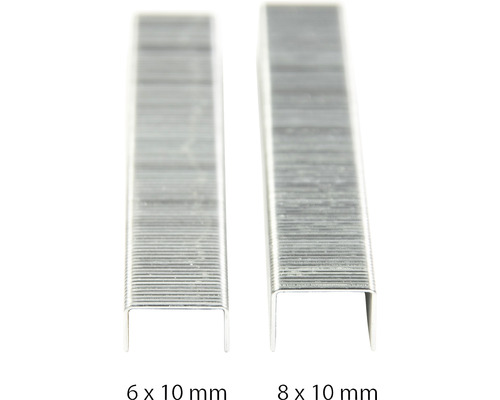 Zwei verschiedene Größen von Heftklammern: 6 x 10 Millimeter und 8 x 10 Millimeter