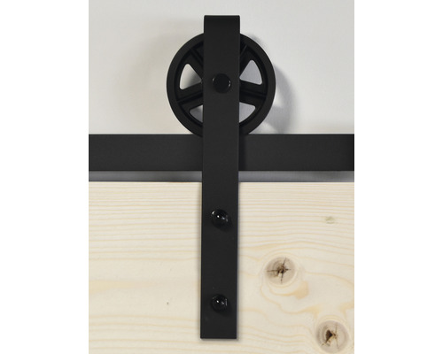 Schiebetürbeschlag mit Rolle und Laufschiene an einer Holztür