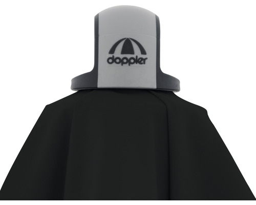 Detailansicht eines schwarzen Doppler Regenschirms mit dem Doppler Logo