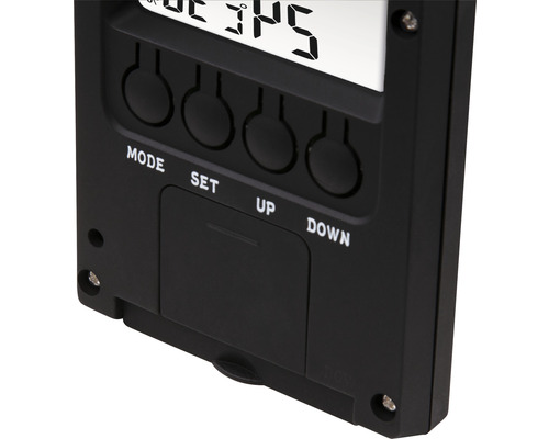 Nahaufnahme einer schwarzen Wetterstation mit Digitalanzeige und Bedienknöpfen.