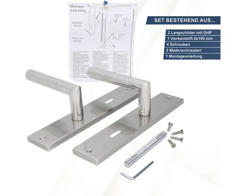 Edelstahl Türdrücker Set mit Langschild, Vierkantstift, Schrauben und Montageanleitung