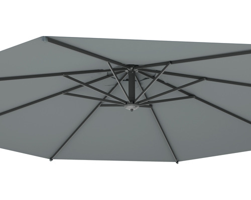 Unteransicht eines grauen Gartenschirms mit Stahlrahmen