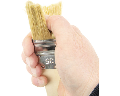Hand hält Pinsel mit Holzgriff und Borsten