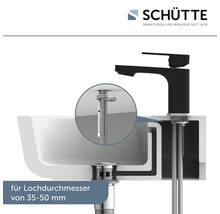 Schütte Logo. Detailansicht des Waschbeckenablaufs mit Wasserhahn für ein Lochdurchmesser von 35 bis 50 Millimeter.