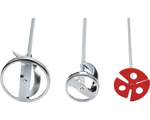 Drei Rührwerke mit verschiedenen Rührkörben aus Metall und Kunststoff