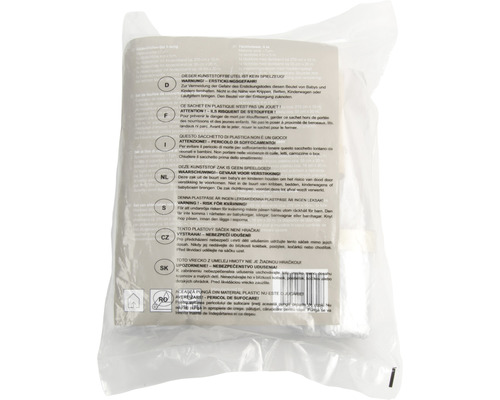 Kunststoffbeutel mit mehrsprachigen Warnhinweisen