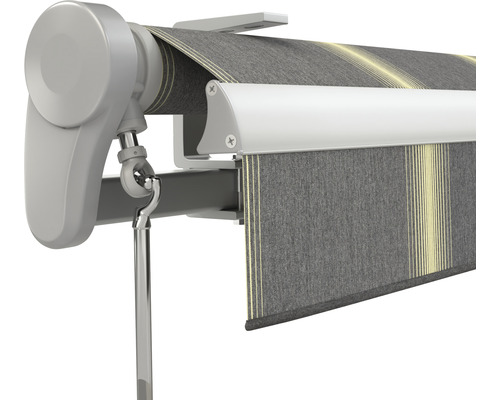 Detailansicht einer Markise mit grauen und gelben Streifen