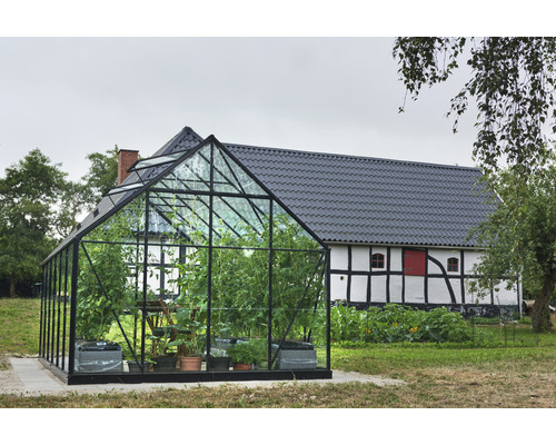 Gewächshaus mit Pflanzen im Garten vor einem Gebäude