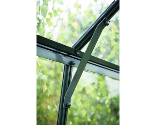 Detailansicht des grünen Rahmens und der Streben eines Gewächshauses.