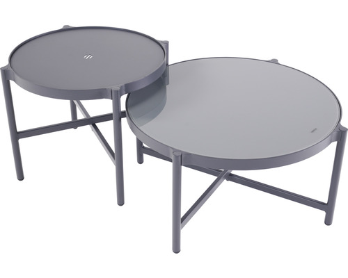 Zwei runde Couchtische aus Metall und Glas