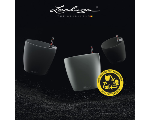 Drei Lechuza Blumentöpfe und das Logo für recycelten Kunststoff.