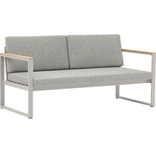 Gartensofa mit zwei Sitzen, Metallrahmen und hellgrauen Kissen