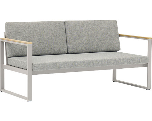 Gartensofa mit zwei Sitzen, Metallrahmen und hellgrauen Kissen
