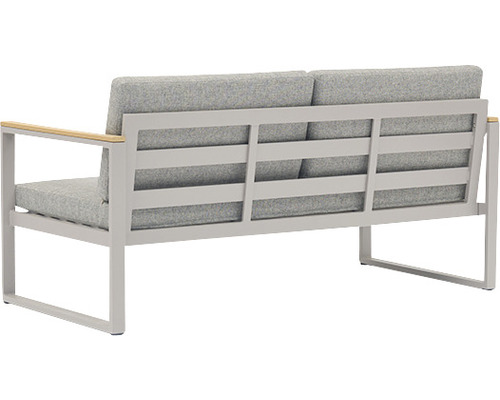 Rückansicht eines Gartensofas mit grauem Polster und Rahmen