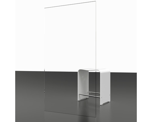 Transparenter Acrylglasschirm neben einem weißen Hocker