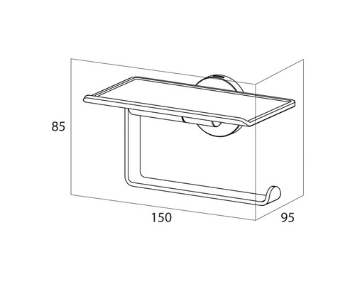 Technische Zeichnung eines Toilettenpapierhalters mit Ablage und den Maßen 85, 150 und 95 Millimeter.