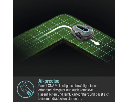 Rasenmähroboter auf Rasenfläche mit Wegweiser