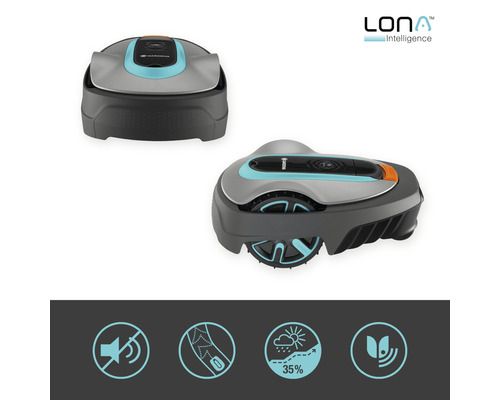 Gardena Mähroboter in zwei Perspektiven sowie Symbole für: Leiser Betrieb, Begrenzungskabel und 35 Prozent Steigung