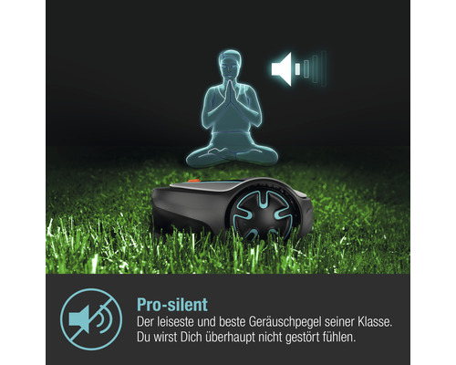 Roboterrasenmäher mit Symbol für geringe Lautstärke im Garten