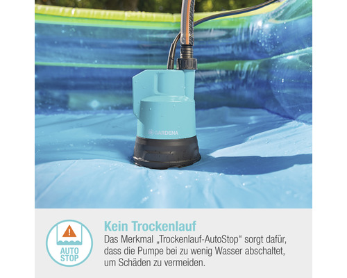 Gardena Schmutzwasserpumpe im Pool mit Trockenlaufschutz-Symbol