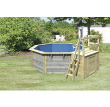 Holzpool mit Leiter und Aufbewahrungsbox im Garten
