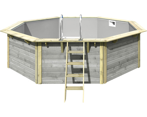 Aufstellpool Holzpool-Set Karibu X2 achteckig Ø 427,5x121 cm inkl. Innenauskleidung grau & Leiter grau