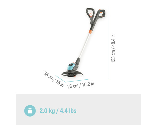 Rasentrimmer mit den Maßen 38 Zentimeter mal 26 Zentimeter, einer Länge von 123 Zentimetern und einem Gewicht von 2,0 Kilogramm.