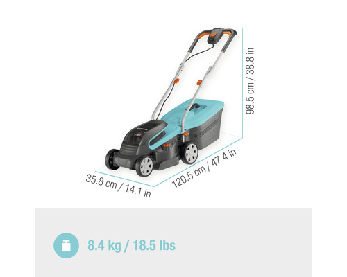 Gardena Elektro-Rasenmäher mit den Abmessungen Länge 120,5 cm, Breite 35,8 cm und Höhe 98,5 cm