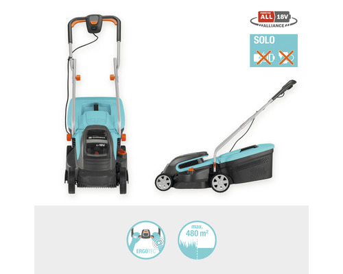 Akkurasenmäher mit ErgoTec Griff und Flächenempfehlung bis zu 480 Quadratmeter