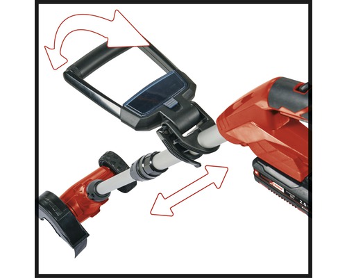 Einhell Akku-Rasentrimmer mit drehbarem Handgriff und teilbarem Schaft.