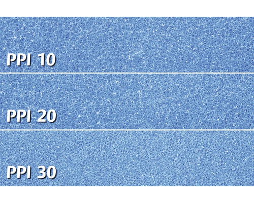 Nahaufnahme von Filterschaum mit 10 PPI, 20 PPI und 30 PPI Porengröße.
