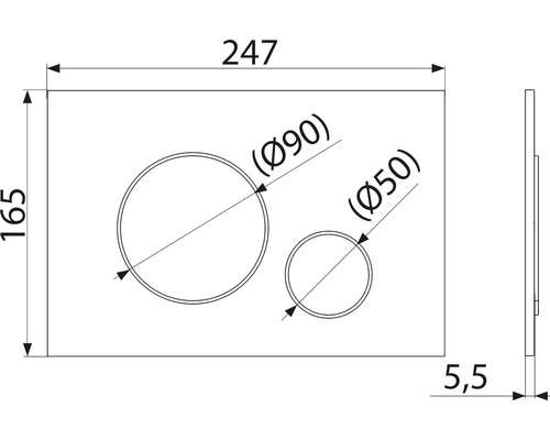 Technische Zeichnung einer Betätigungsplatte mit Maßangaben