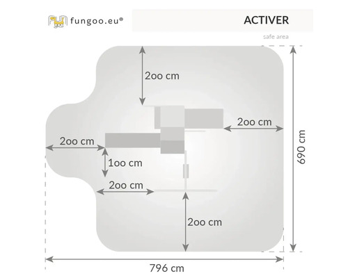 Grundriss des Spielplatzes Activer mit den Maßen 796 mal 690 Zentimeter.