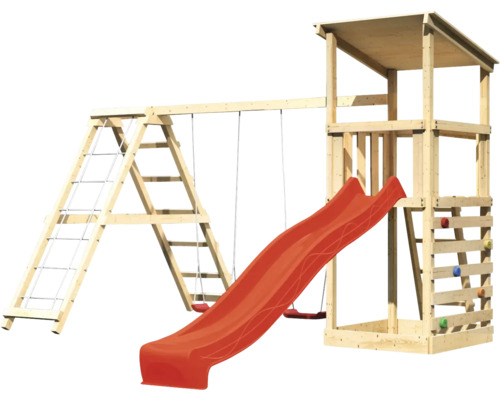 Spielturm aus Holz mit Rutsche, Schaukel und Kletterwand für den Garten