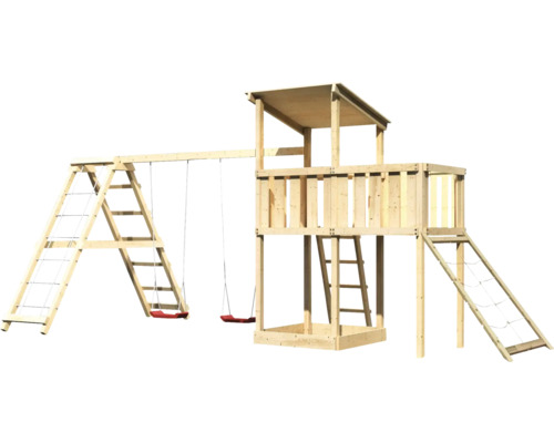 Spielturm mit Schaukel, Kletterwand und Rutsche aus Holz für den Garten