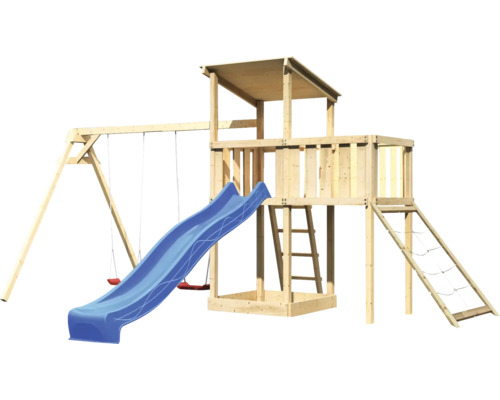 Spieltower mit Schaukel und Rutsche aus Holz