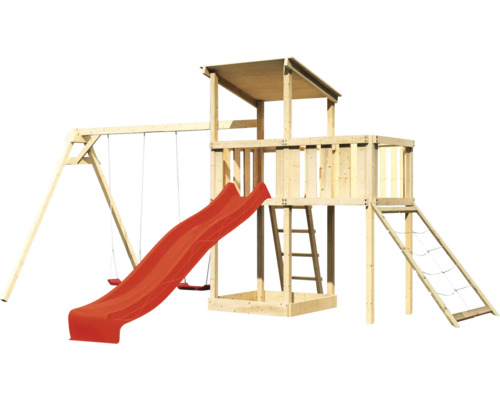 Holzspielturm mit Schaukel, Rutsche und Kletternetz für den Garten