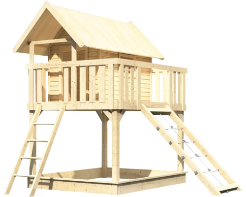 Spielhaus aus Holz mit Sandkasten, Kletterwand und Leiter