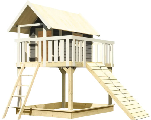 Spielhaus aus Holz mit Sandkasten, Leiter und Rampe