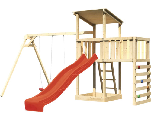 Spielturm aus Holz mit Schaukel, Rutsche, Leiter und Kletterwand