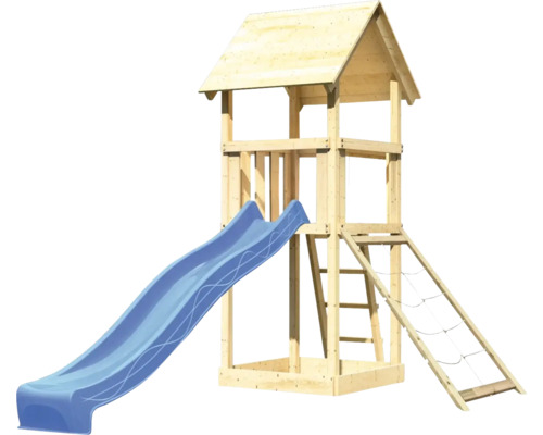 Spielturm aus Holz mit Rutsche und Kletterwand