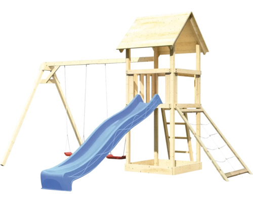 Holzspielturm mit Schaukel und Rutsche für den Außenbereich