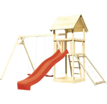 Spielturm aus Holz mit Schaukel und Rutsche